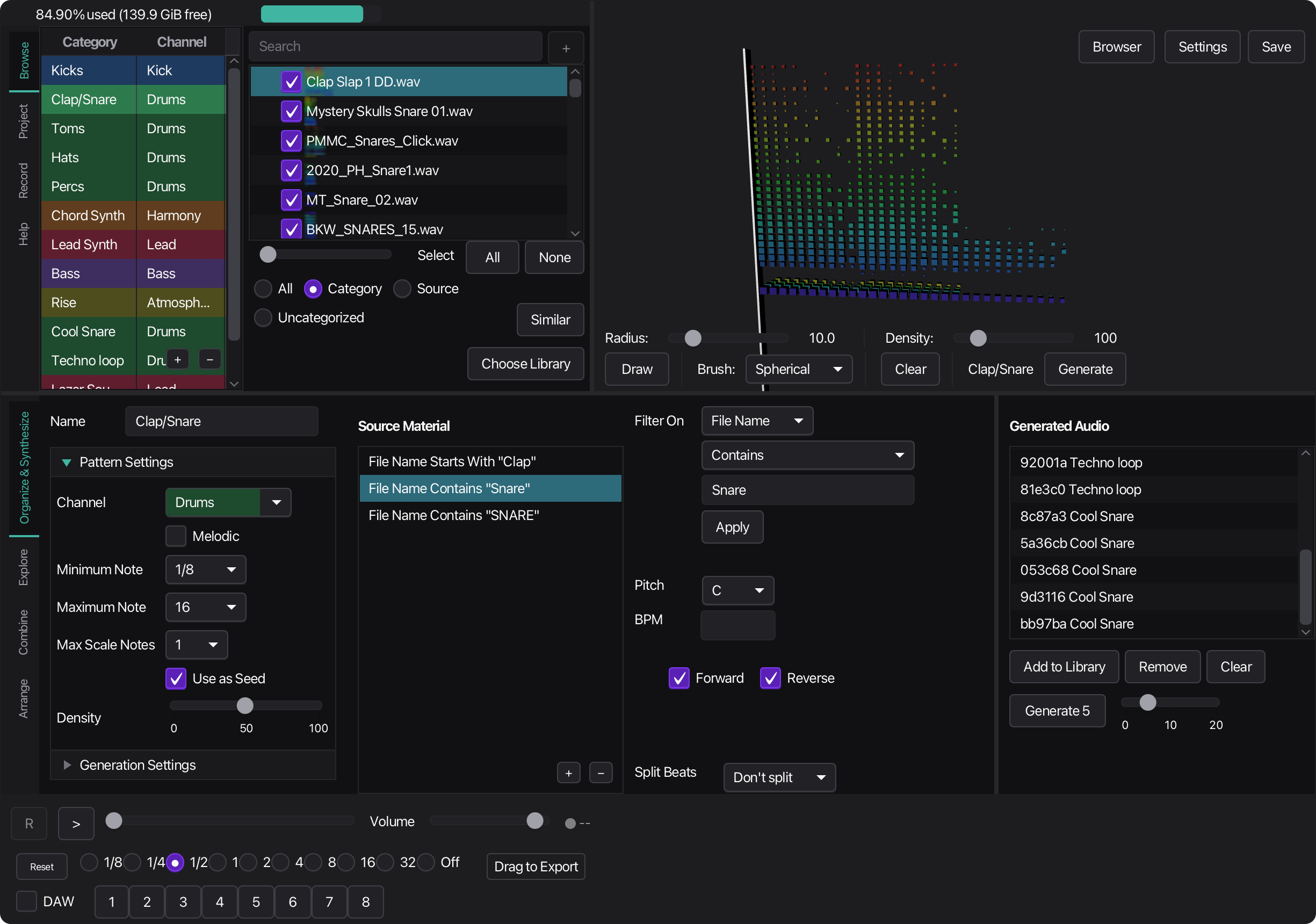 Rings sample library browser with tree view and search